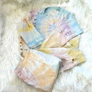 Electric & Rose sz small distressed tie dye rainbow jogger and sweatshirt set